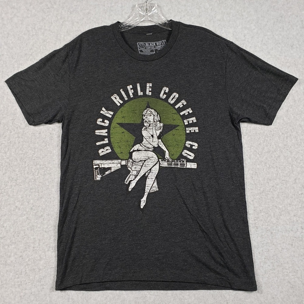 Black Rifle Coffee Mens Shirt Medium Gray Pin Up Girl Graphic Tee BRCC Excellent